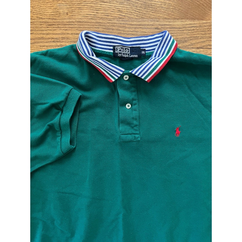 Polo Ralph Lauren Men XXL Green Striped Collar Short Sleeve Pique Polo Shirt VTG